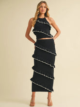 Cargar imagen en el visor de la galería, HALTER NECK TOP &amp; ELASTIC WAIST MAXI SKIRT RUFFLE TIERED KNIT SET