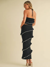 Cargar imagen en el visor de la galería, HALTER NECK TOP &amp; ELASTIC WAIST MAXI SKIRT RUFFLE TIERED KNIT SET