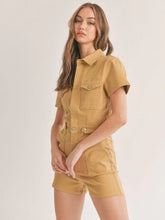 Cargar imagen en el visor de la galería, SHORT SLEEVE POCKETS BUTTON UP DENIM ROMPER
