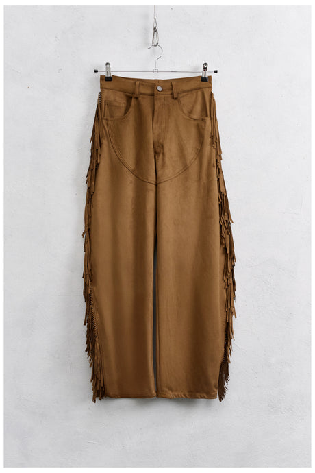 THE FRINGE SUEDE BARREL PANTS