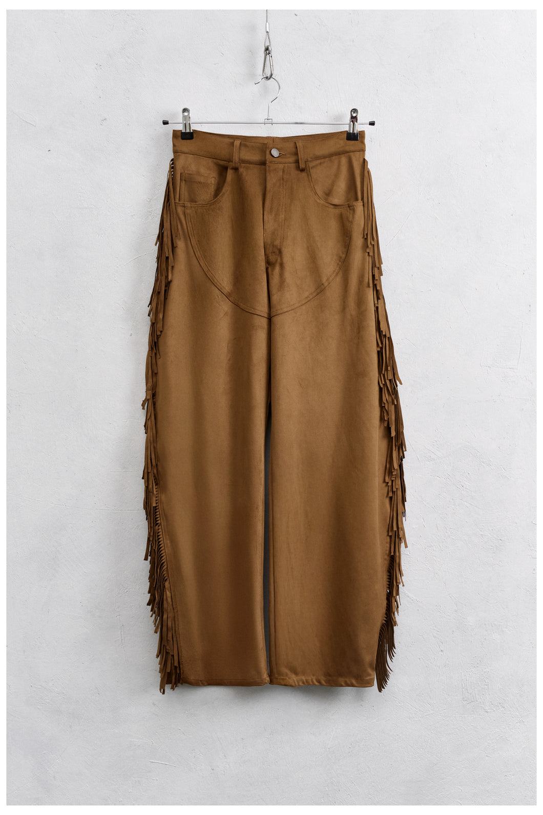 THE FRINGE SUEDE BARREL PANTS
